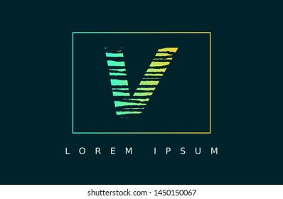 Letter V logo vector with green line box. wood texture style
