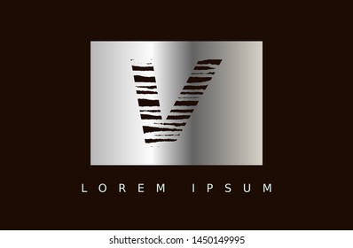 Letter V logo vector with silver box. wood texture style