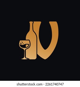 Logotipo De Letra V Con Vector De Diseño De Botella De Vino Ilustración En Fondo Negro. Diseño de logotipo de carta de cristal de vino V