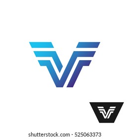 Letter V logo with wings at sides. Technical style parallel lines symbol.