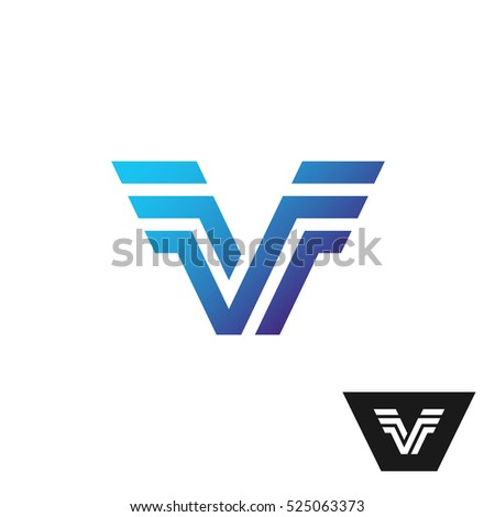 Letter V logo with wings at sides. Technical style parallel lines symbol.