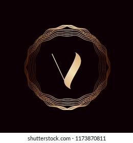 Letter V logo.Luxury style lettering icon in golden color with decorative wire frame isolated on dark background.Typographic illustration suitable for wedding, beauty, spa and aesthetics business.