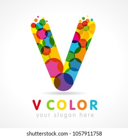 Letter V logotype. Logo "v" isolated abstract business colorful emblem. Stained glass colores graphic template. Clouds and bubbles with multicolored bunch. Vector corporate soft branding identity