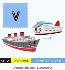 Letter V lowercase children colorful transportations ABC alphabet tracing flashcard for kids learning English vocabulary and handwriting Vector Illustration.