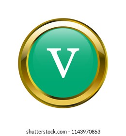 letter v lowercase letter classic in golden brooch with emerald blue color, editable vector