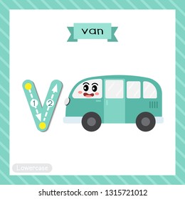 Letter V lowercase cute children colorful transportations ABC alphabet tracing flashcard of Van for kids learning English vocabulary and handwriting Vector Illustration.
