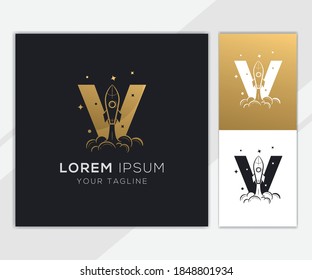 Letra V con plantilla de logotipo de cohete abstracto de lujo 
