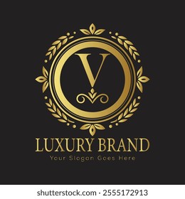 Letter V Luxury brand logo design with a royal gold crown emblem and elegant typography
