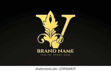 Letter V luxury floral logo design template with gold color