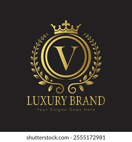 Letter V luxury gold logo concept brand logo design with a royal gold crown emblem and elegant typography
