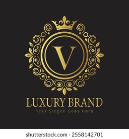 Letter V luxury gold logo concept brand logo design with a royal gold crown emblem and elegant typography
