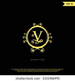 Letter V luxury logo icon design. with a golden color on the background. Vector graphic design template element.