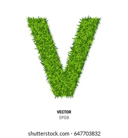 The Letter V Made of Green Grass Texture. 3d Vector Illustration on White Background