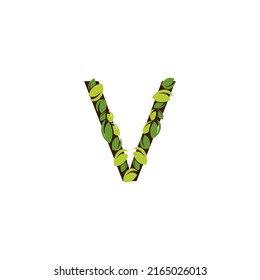 Letter V made from green leaves on a white background. Isolated tree in the shape of the letter V with green leaves vector illustration