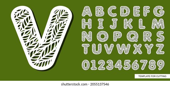 Letter V made of leaves. Eco font for spring, summer, autumn. Theme of plants, nature. White symbol on green background. Template for printing, plotter laser cutting of paper, cnc. Vector illustration