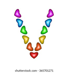 Letter V made of multicolored hearts on white background