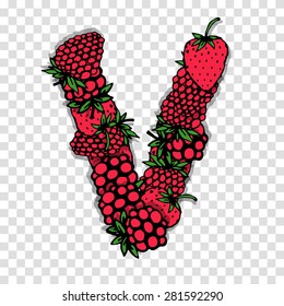 Letter V made from red berries, sketch for your design.. Vector illustration