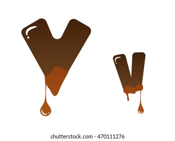 Letter V with melted chocolate theme on white background