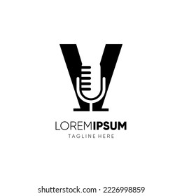Letter V Microphone Podcast Logo Design Vector Icon Graphic Emblem Illustration Background Template