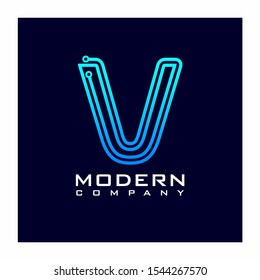 Letter V Modern Digital Technology Logo Design Vector