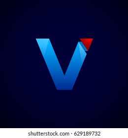 Letter V with Modern glossy and Triangle logo, Arrow and forward, Vector abstract origami, Digital, Technology, Media logotype
