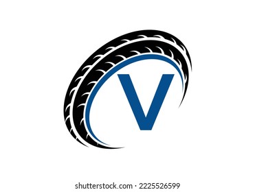 Letter V monogram alphabet With a Sport Car Automotive Car Repair Logo Design Concept With Transport Tire Icon Vector Template.