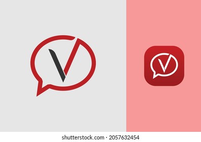 Letter V monogram with a bubble chat icon. Alphabet V Talking and chatting and consultancy logo concept. 
