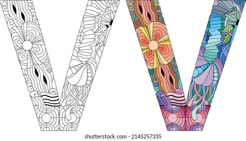 Monograma de la letra V para colorear, grabado. Ilustración vectorial. Conjunto de colores y contorno