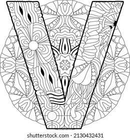 Letter V monogram, engraving design on mandala for coloring. Vector illustration.