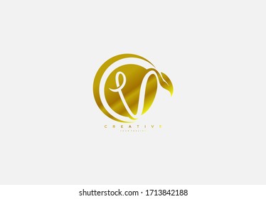 Letter V Monogram Rounded  Gold Shape White Color Background Logotype