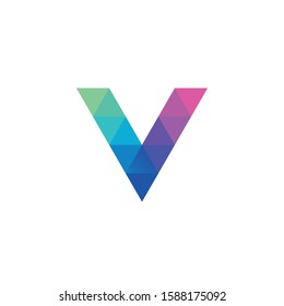 Letter V with mosaic pattern on white background. Colorful triangular alphabet icon.