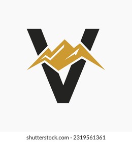 Logo des Buchstaben V. Berglandschaftslogo in Kombination mit Hill-Symbol und Vorlage