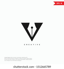 Letter V negative space pen logo and icon, vector template.