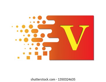 letter V on a colored square with destroyed blocks on a white background.