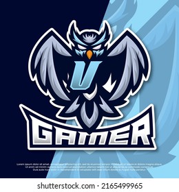 Letter V Owl Mascot esport gaming logo design, owl night bird illustration, bird gamer esport logo