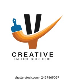 Letter V Paint Brush Logo. Alphabet V House Paint Business Icon