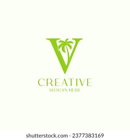 Letter V Palm Leaf Tree Logo Design Template
