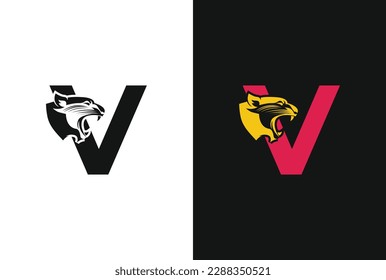 Letter V with panther head illustration in flat design monogram symbol. V panther head icon logo vector.