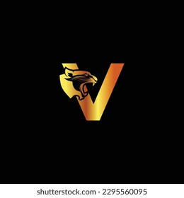 Letter V with panther head illustration in flat design monogram symbol.