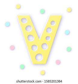 Letter V in paper cut style on white background. Typographic design. Bold capital yellow letter