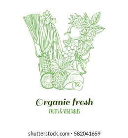 Letter V Muster Logo der Lebensmittel Bio-Bauernhof frisches Obst und Gemüse. Logo für Vektorgrafik. Konturlinie flachen Stil Design. Weißer Hintergrund.