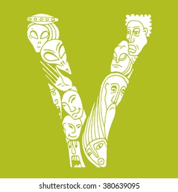 Letter V. People crowd. Isolated alphabet design. Hand drawn vector illustration in cartoon style