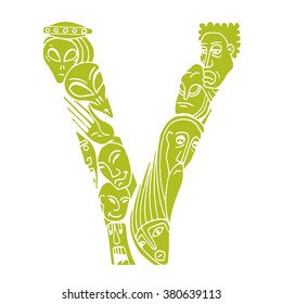 Letter V. People crowd. Isolated alphabet design. Hand drawn vector illustration in cartoon style