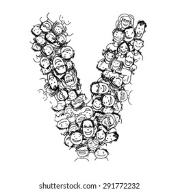 Letter V, people crowd, vector alphabet for your design