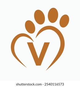 Conceito de design do logotipo do animal de estimação da letra V com pata e vetor do símbolo do coração