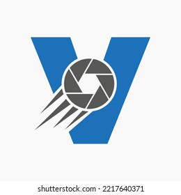 Letter V Photography Logo Camera Lens Concept. Photography Camera Symbol Vector Template