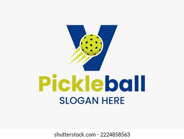 Letter V Pickleball Logo Concept With Moving Pickleball Symbol. Pickle Ball Logotype Vector Template