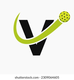 Letter V Pickleball Logo Concept With Moving Pickleball Symbol. Pickle Ball Logotype