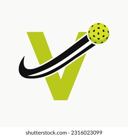 Letter V Pickleball Logo Concept With Moving Pickle Ball Symbol. Pickle Ball Logotype