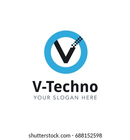 Letter V Pixel Logo Design Template With Blue Circle Isolated on White Background. Vector Illustration